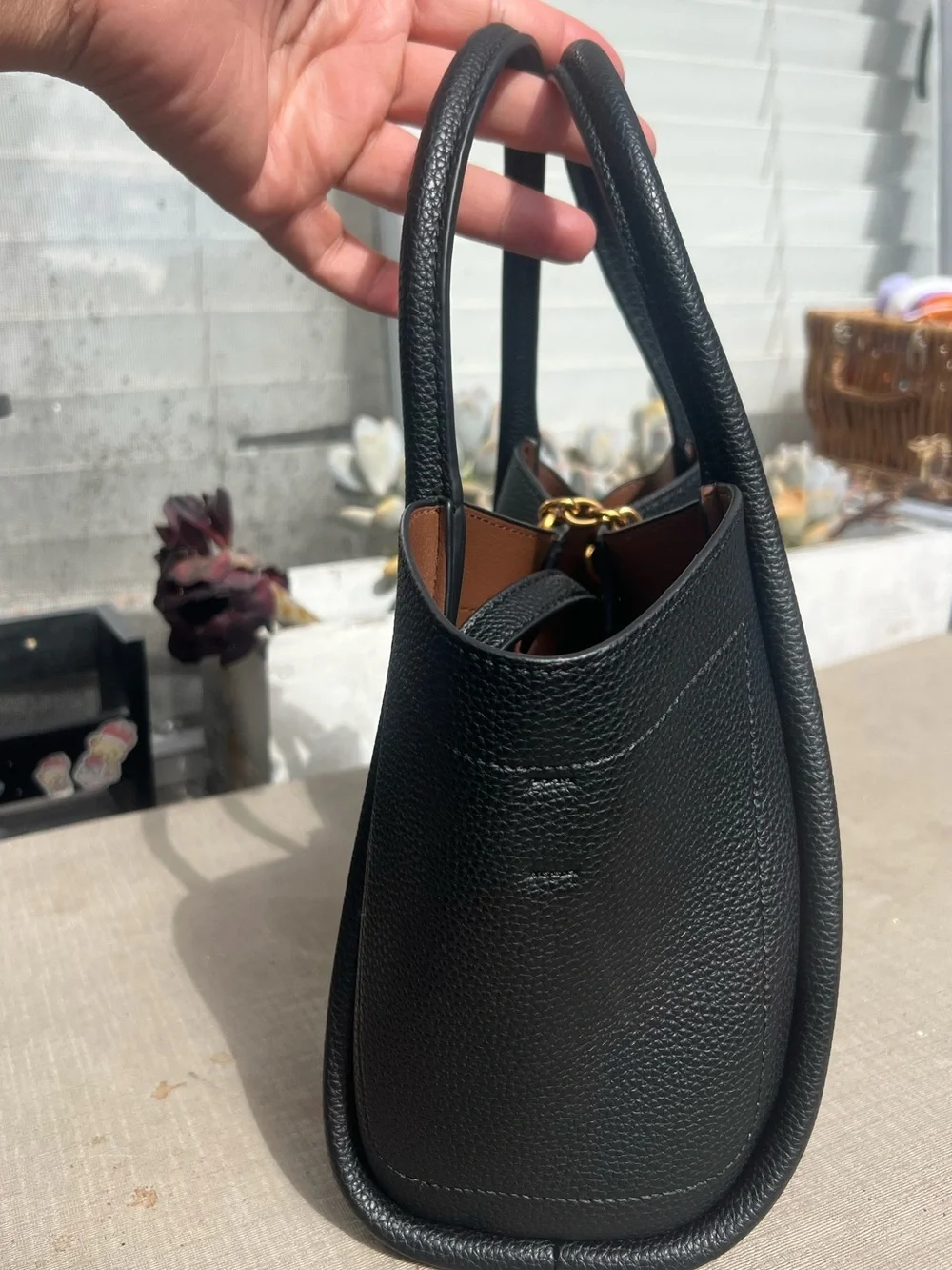 Black Pebbled Leather Tote with Gold Hardware